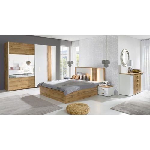 Chambre À Coucher Complète Wood Chêne Et Blanc. Lit Coffre + Armoire + Commode + 2 Chevets