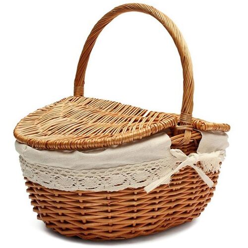 Panier en osier fait à la main avec poignée, panier de pique-nique de Camping avec Double couvercle, panier de rangement avec doublure en tissu
