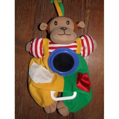 Singe Berchet Doudou Musical Boite A Musique Multicolore Miroir Jaune Vert Raye Rouge Bleu 35 Cm