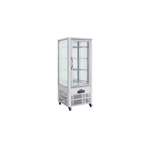 Vitrine inox ventilée positive à pâtisserie 400 Litres, 4 faces vitrées trempées, sur roulettes, 280 W, 220 V - MONO