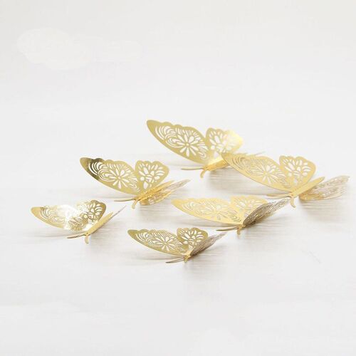 Autocollant mural papillon 3D ajouré or/argent, 12 pièces, décoration pour la maison, salles, décoration pour mariage, stickers pour réfrigérateur