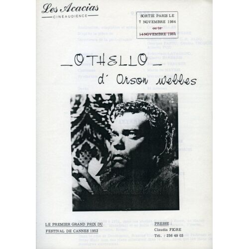 Othello, Dossier Presse, De Et Avec Orson Welles, Suzanne Cloutier, Michael Mcliammoir, Robert Coote