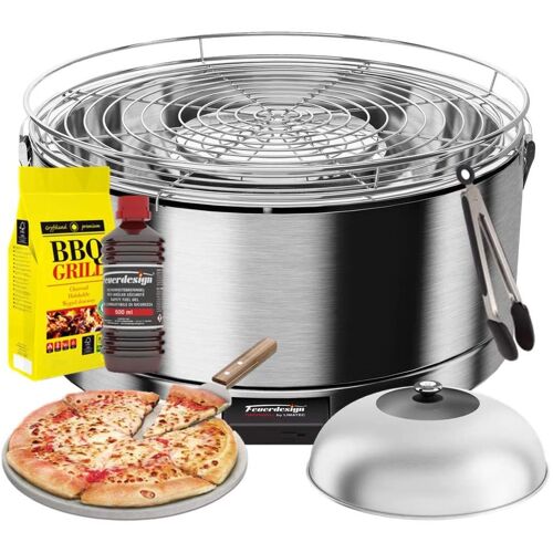 Feuerdesign -Mayon Grill Acier Inoxydable - Kit Avec Combustible D Allumage + Charbon De Bois 3 Kg + Grippers Pour Barbecue + Pierre Pour Pizza + Dôme En Acier Inox