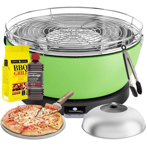 Feuerdesign - Vesuvio Grill Vert - Kit Avec Combustible D Allumage + Charbon De Bois 3 Kg + Grippers Pour Barbecue + Pierre Pour Pizza + Dôme En Acier Inox