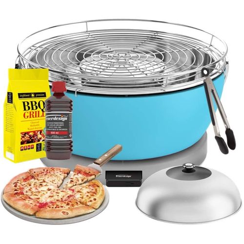 Feuerdesign - Vesuvio Grill Bleu-Claire - Kit Avec Combustible D Allumage + Charbon De Bois 3 Kg + Grippers Pour Barbecue + Pierre Pour Pizza + Dôme En Acier Inox