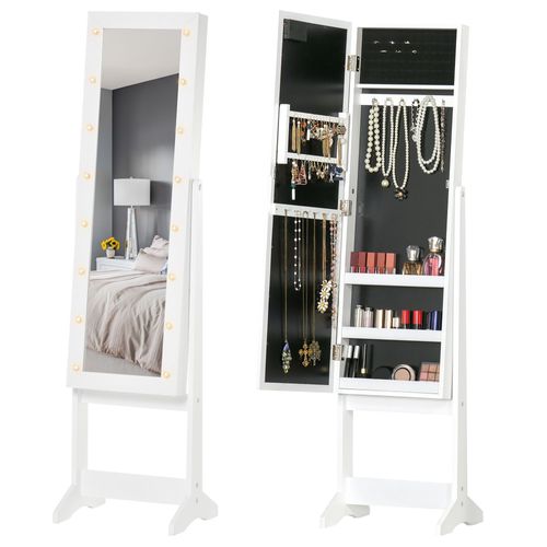 Armoire À Bijoux Sur Pied Avec Miroir Multi-Rangement Led Blanc