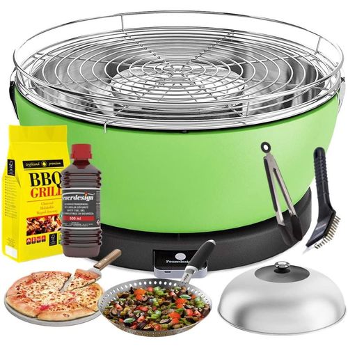 Feuerdesign - Vesuvio Grill Vert - Kit Avec Combustible D Allumage + Charbon De Bois 3 Kg + Grippers Pour Barbecue + Pierre Pour Pizza + Dôme En Acier Inox + Poêle Pour Legumes + Brosse De Nettoyage