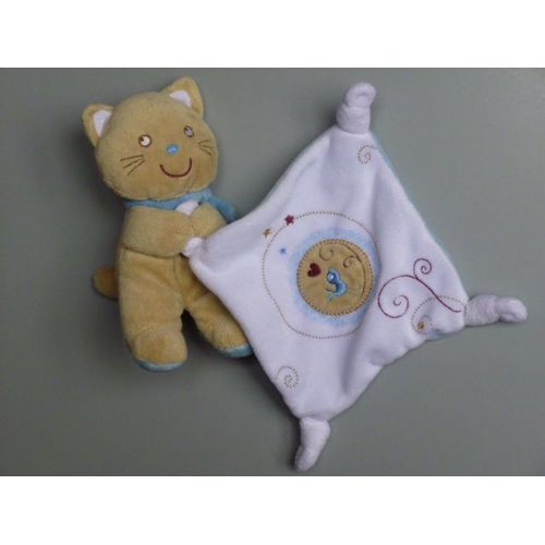 Doudou Chat Marron Avec Mouchoir Blanc Et Bleu, Oiseau, Pommette