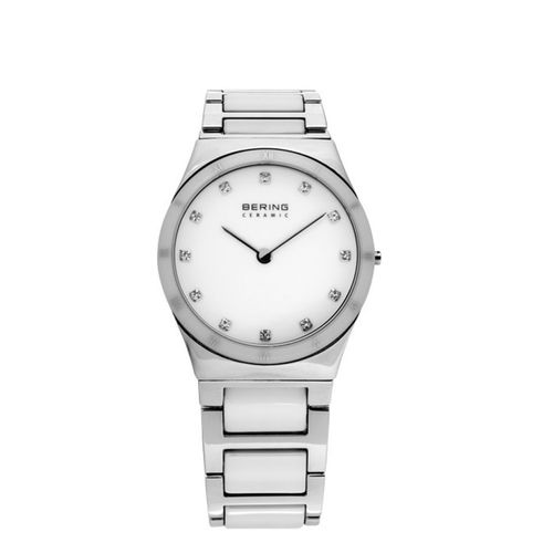 Montre Pour Femme Lunette Ronde Céramique Blanche 12 Cristaux Bering