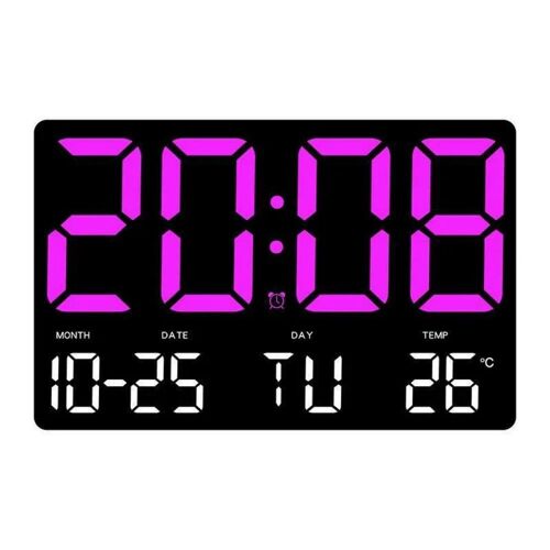 Grande Horloge Murale Digitale avec Alarme, Grand Affichage LED, Télécommande, Luminosité Réglable, Température Intérieure, Date, Semaine, 12/24H pour Maison Bureau Salle de Classe, Violet