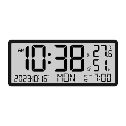 Grande Horloge Murale Numérique LCD avec Affichage de la Température et de l'Humidité, Réveil, Horloge de Bureau Électronique pour Maison et Bureaux, Noire