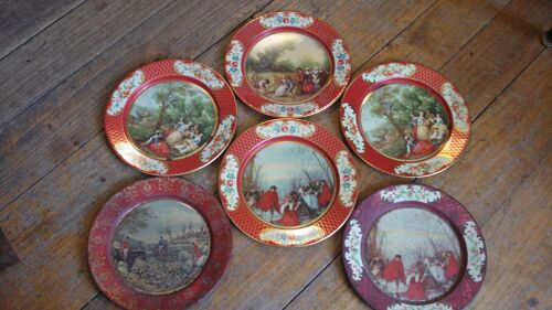 Lot Anciennes Assiettes Metal Tole Lithographiée,Les Saisons,Chasse,Ca 1920.