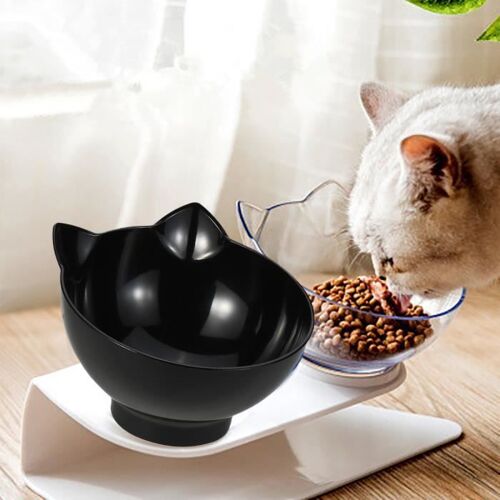 Gamelle Anti-Dérapant Double Bols Mangeoires Chat Chien - Nourriture Distributeur Eau Dia. 13cm - Noir & Transparent