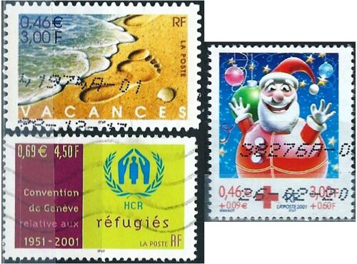 France 2001, Beaux Timbres Yvert 3400 Vacances, Auto-Adhésif, 3416 Convention De Genève Sur Les Réfugiés Et 3436 Au Profit De La Croix Rouge, Père Noël, Oblitérés, Tbe
