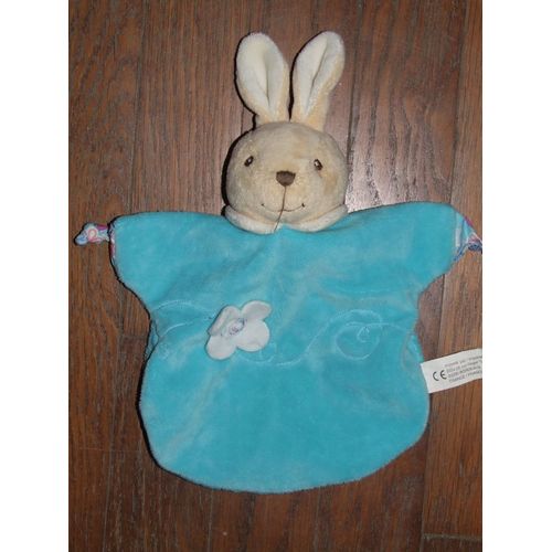 Lapin Sidj Doudou Plat Marionnette Peluche Bleu Tourquoise Fleur 29 Cm Oreilles Comprises