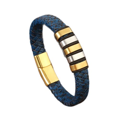 Bracelet Manchette En Cuir Pu Tressé Pour Hommes Bleu