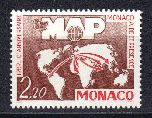 Monaco 1989 : 10è Anniversaire De L'association Humanitaire "M.A.P." (Monaco, Aide Et Présence) : Planisphère Avec Flèches - Timbre Neuf **