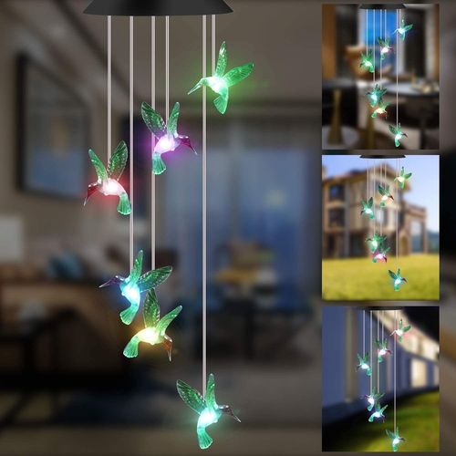 Carillons Éoliens Solaire, Carillon de Vent Colibri Changement de Couleur LED Lampe Mobile Carillon Étanche Intérieure Extérieure
