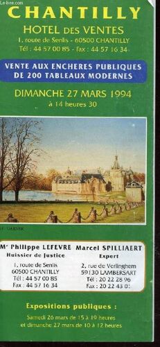 Plaquette De Vente Aux Encheres : Chantilly - Vente De 200 Tableaux Modernes - Le 27 Mars 1994.