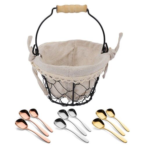 Panier de rangement de fil d'art en fer, avec 3 pièces/ensemble cuillères plates en acier inoxydable-or