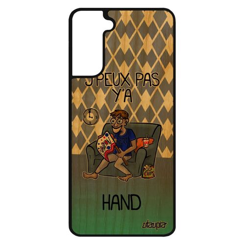Coque j'peux pas y'a hand Samsung S21 en bois silicone frêne humoristique drole smartphone bd supporter violet made in France galaxy