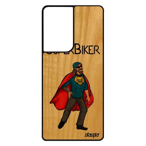 Coque en bois silicone Galaxy S21 Ultra super biker motard texte bande dessinée humoristique rouge pas cher humour case vrai Samsung