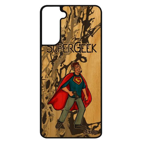 Coque super geek pour Galaxy S21+ Plus en bois veritable silicone gris comique gamer play humour drole comics heros original Samsung
