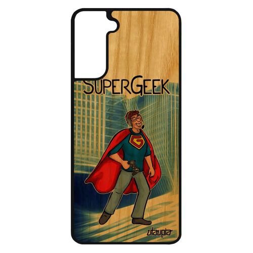 Coque Samsung Galaxy S21 en bois silicone super geek heros comics housse console jeux video gamer bleu nerd texte humour 4G play de