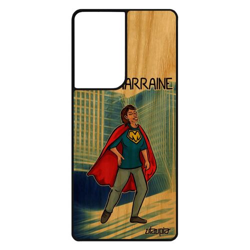 Coque En Bois Pour Samsung S21 Ultra Silicone Super Marraine Portable Humour Personnalisé Telephone Comique Motif Texte Bleu Galaxy