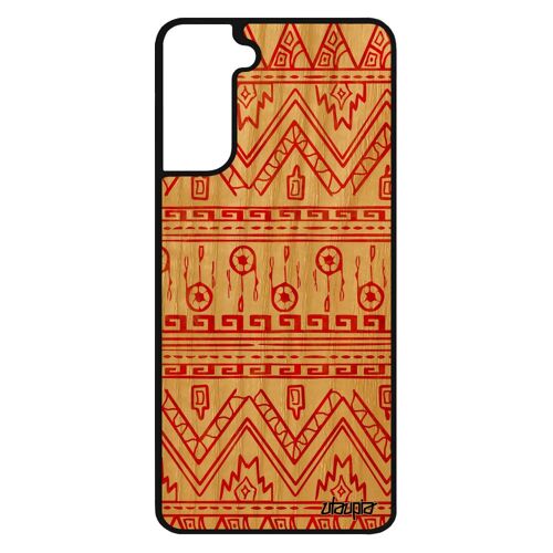 Coque bois Motif azteque pour Samsung S21 silicone ethnique smartphone noir fantaisie frise pas cher texture artisanat tribal galaxy