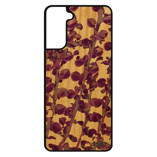 Coque Samsung Galaxy S21 Bois Naturel Veritable Silicone Motif Feuilles Effet Fleurs Telephone Design Plantes Fait Main Tpu Portable