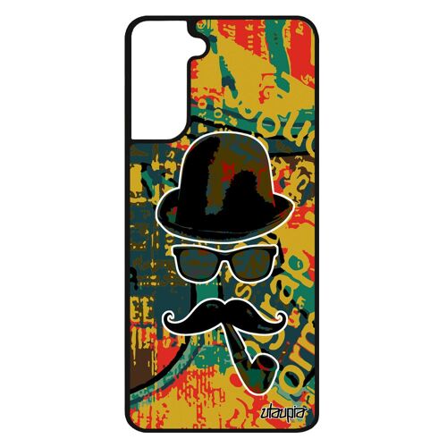 Coque homme moustache pour Samsung Galaxy S21+ Plus en silicone homme vert charlie pipe portable peinture monsieur tag chapeau melon