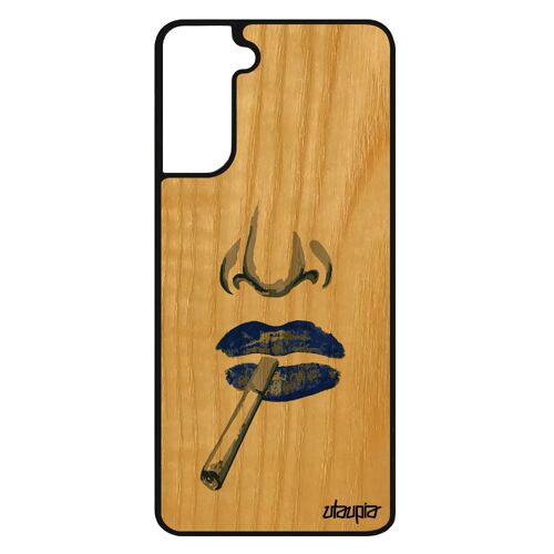 Coque pour S21+ Plus en bois silicone visage bleu levres bouche clope smartphone housse art abstrait cigarette femme Samsung galaxy