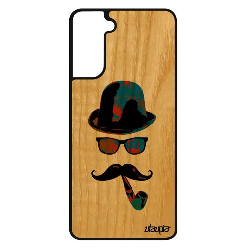 Coque en bois naturel Samsung S21+ Plus silicone portrait chapeau melon antichoc pipe bleu monsieur homme rigide vintage tag galaxy