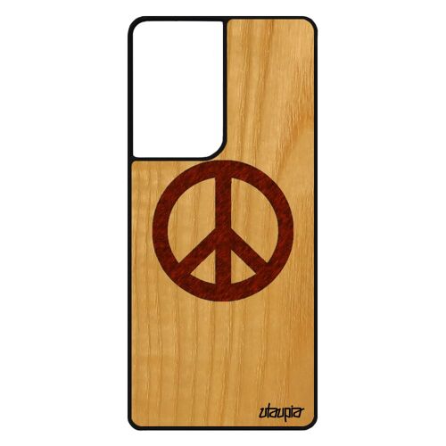 Coque Peace and love Galaxy S21 Ultra bois silicone Marron & tatouage motif reggae dessin etui mobile Paix et amour case de Samsung