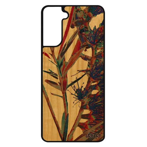 Coque fleurs Samsung S21+ Plus bois silicone smartphone de protection texture nature artisanal florale rouge case design fond galaxy