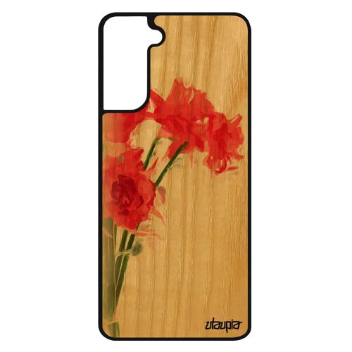 Coque bouquet de fleurs Samsung Galaxy S21+ Plus en bois silicone romantique nature telephone jonquille de protection Rouge pastel