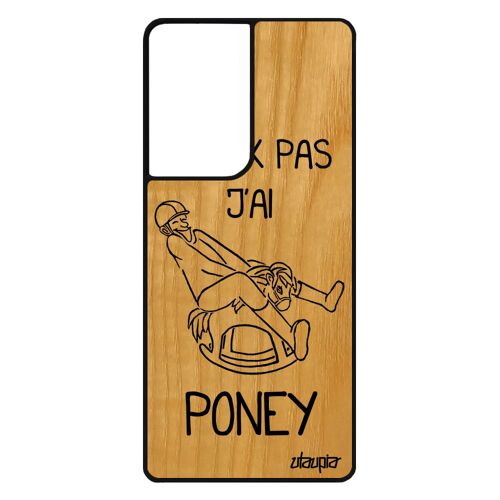Coque pour Samsung Galaxy S21 Ultra bois veritable silicone j'peux pas j'ai poney mobile aqua equitation Noir housse telephone drole