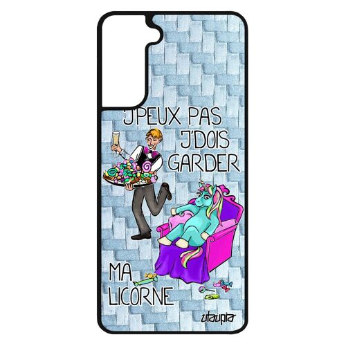 Coque Samsung S21 silicone j'peux pas j'dois garder ma licorne texte drole etui comique animaux jpeux case poney bleu cartoon galaxy