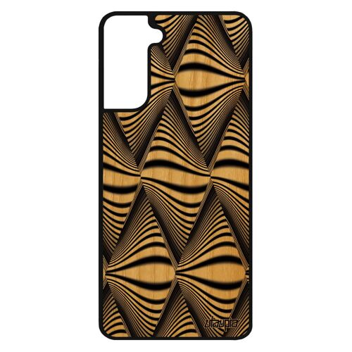 Coque en bois veritable silicone Galaxy S21 et illusion d'optique noir effet triangle vague telephone mirage de protection Samsung