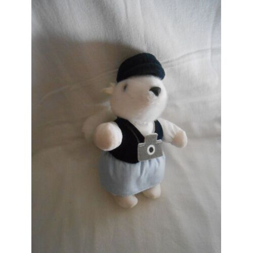 Doudou Peluche Ecureuil Blanc Tartine Et Chocolat Jupe Raye Bleu Blanc Veste Chapeau Casquette Marine Appareil Photo