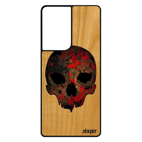 Coque pour Samsung S21 Ultra en bois silicone crane rigide squelette tete de mort peur Rouge metal enfer portable cover emo galaxy