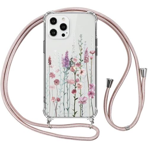 Coque Avec Cordon Pour Iphone 15 6,1"", Étui Collier Réglable Transparente Case Avec Aesthetic Motif Fleur 3, Silicone Tpu + Pc Antichoc Housse Tour De Cou Lanière Corde Lanyard Cover