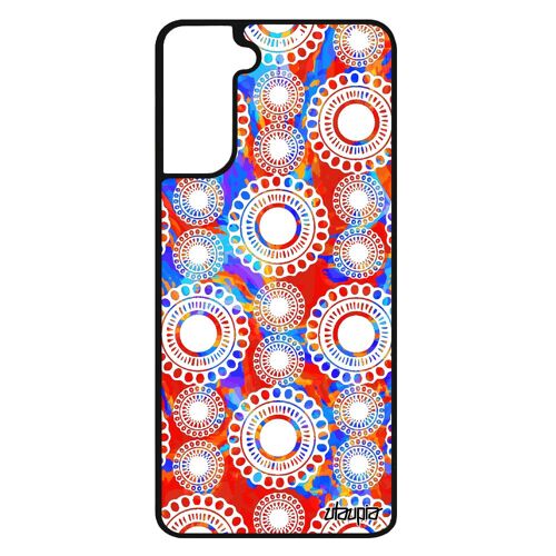 Coque Samsung S21+ Plus Silicone Motif Floral Indien Telephone Dessin Mobile Bleu Impression Peinture Motif Unique Etui Noir Galaxy