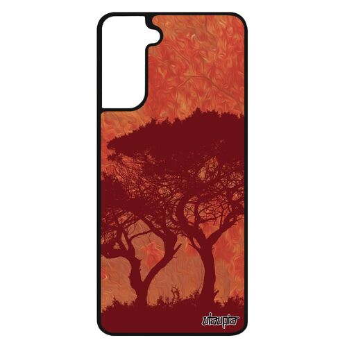 Coque arbres Samsung Galaxy S21+ Plus silicone etui rouge design bumper mobile afrique peinture nature ecolo paysage savane soleil