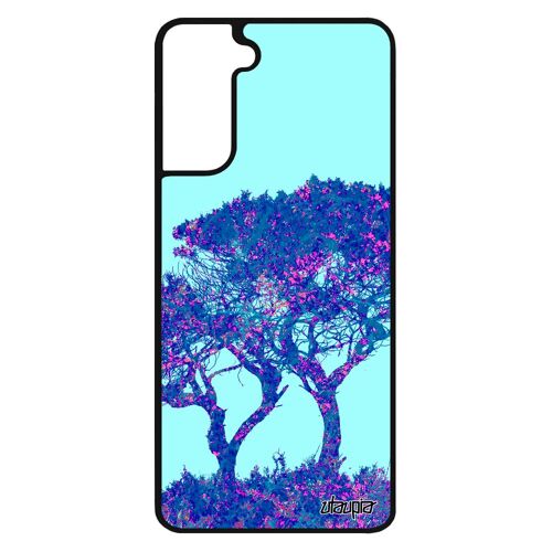Coque S21 silicone arbres rigide bumper peinture nature ecolo design bleu case housse fleurs paysage telephone zen de Samsung galaxy