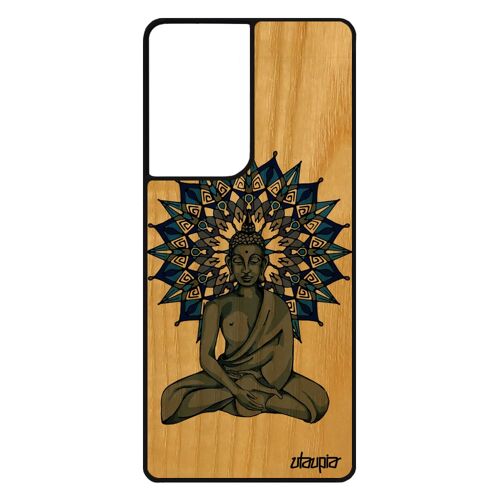 Coque en bois Samsung S21 Ultra silicone bouddha personnalisé cadeau de noel zen mandala rosace pochoir nepal Bleu chine galaxy