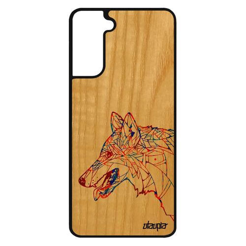 Coque S21 en bois silicone loup antichoc multicolore rigide chien tribal portable Bleu mechant pastel ethnique dessin Samsung galaxy