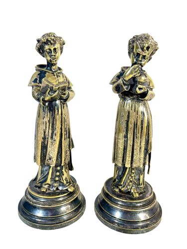 Paire de sacristains en bronze argenté sculpture du 19 eme siècle 