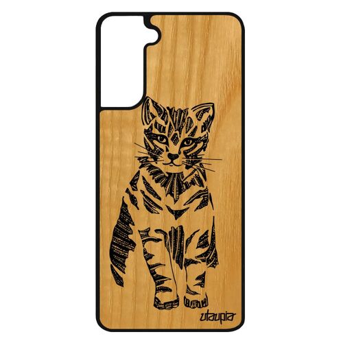 Coque Samsung S21+ Plus bois silicone chat chaton ethnique noir et blanc mignon smartphone dessin tribal housse felin petit galaxy